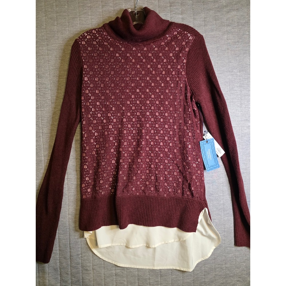 1491 Simply Vera Vera Wang Burgundy Lace Sequin Turtleneck Layered Sweater M NEW